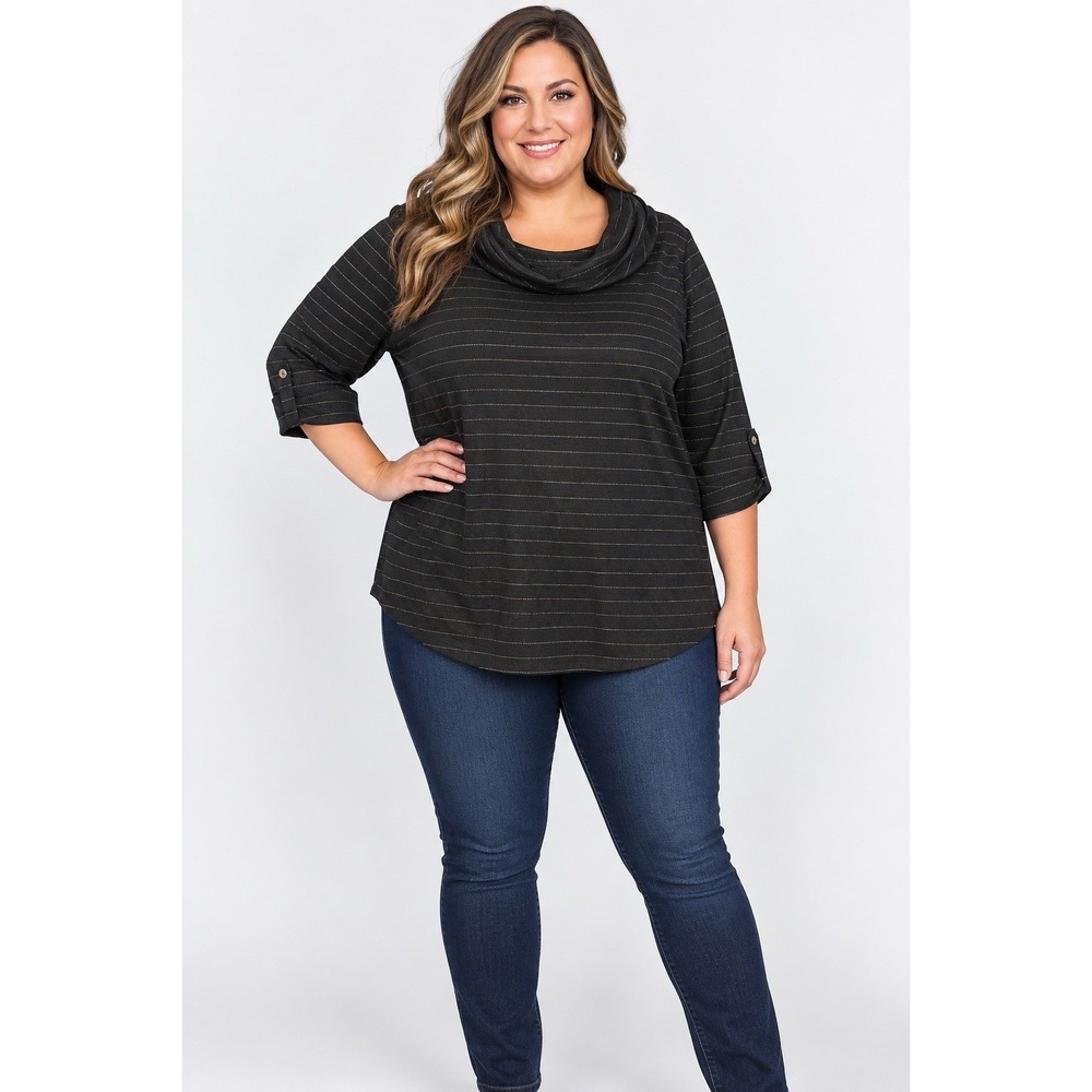 Croft & Barrow Womens 2X Black Metallic Pinstripe Cowl Neck 3/4 Sleeve Top